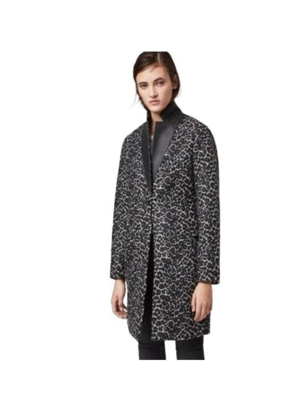 AllSaints Leno Leopard Print Wool-Blend Coat With Black Leather Collar